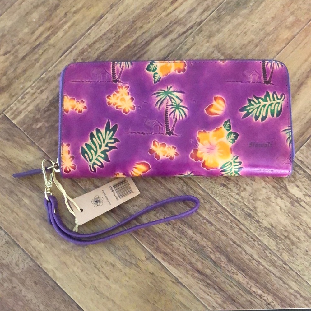Purple Floral Wristlet Aloha From Hawaii Hand Made Leather